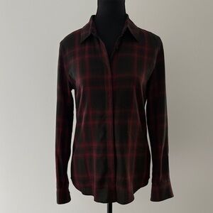 Talula Aritzia Plaid Button-Up Shirt in Black and Burgundy small